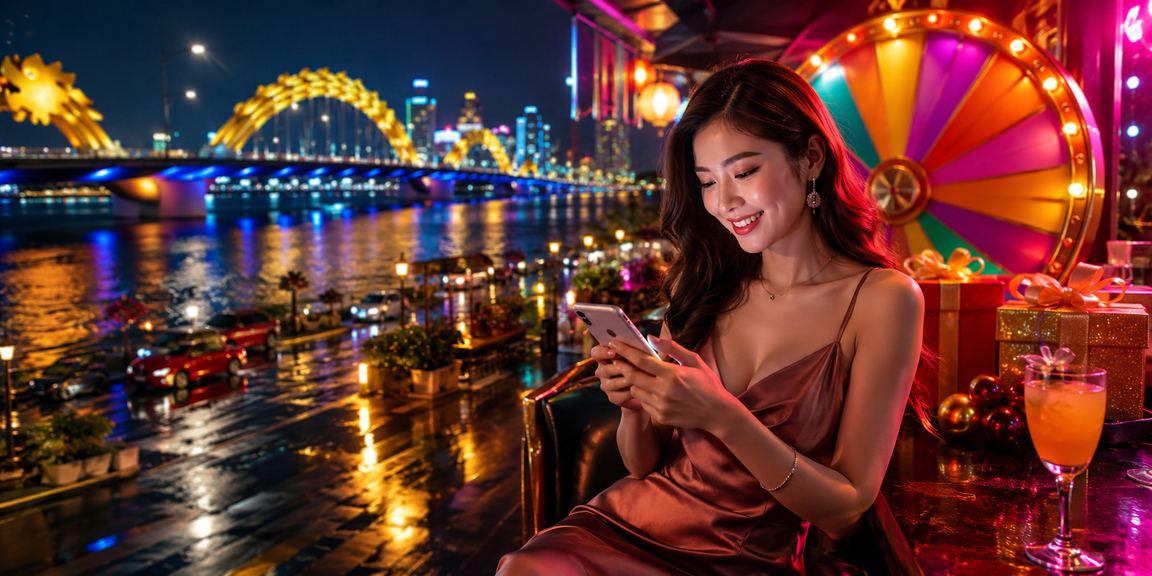 Bàn Roulette sáng đèn neon tại khu vực giải trí Đà Nẵng về đêm