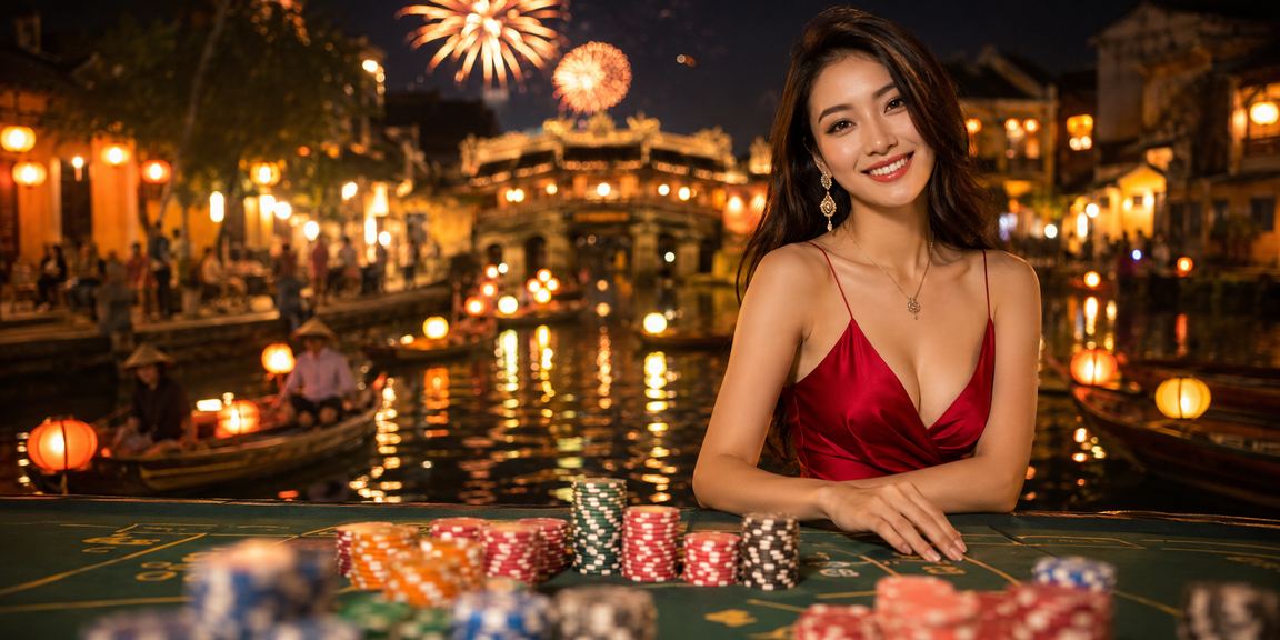 Điểm cá cược thể thao tại chợ đêm Hội An với biển hiệu và đèn lồng rực rỡ