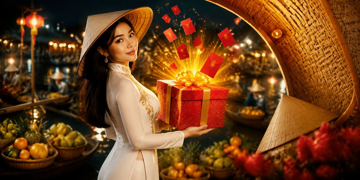 Phong bì đỏ may mắn và nón lá truyền thống tại vùng sông Mekong trong dịp lễ Tết