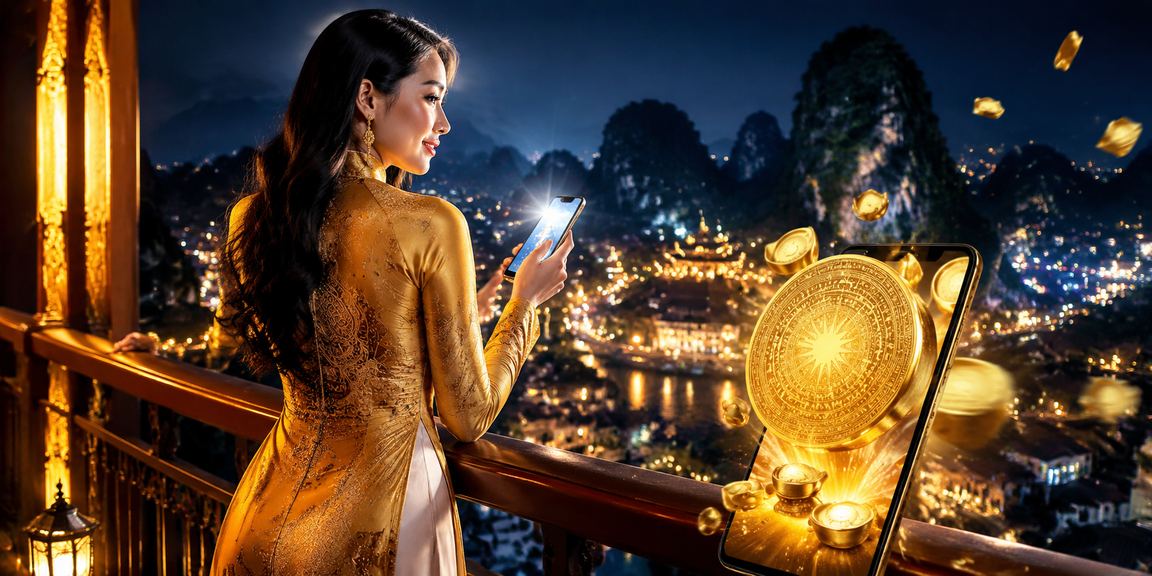 Phụ nữ mặc áo dài truy cập casino trên điện thoại di động tại phong cảnh Ninh Bình