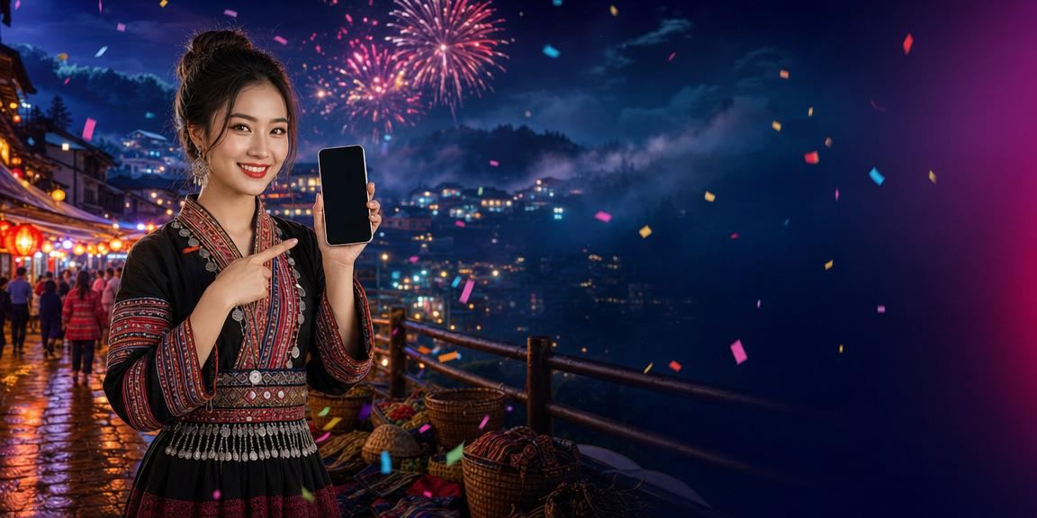 Người dùng trải nghiệm casino di động tại lễ hội vùng cao Sapa giữa khung cảnh núi non hùng vĩ